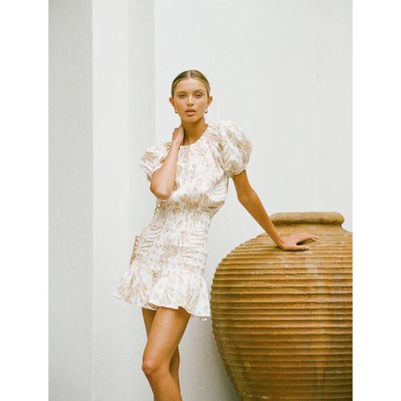 SABO LUXE Camari Linen Dress Smocked Patterned Ruffle Hem White Beige Women's L - Picture 2 of 13